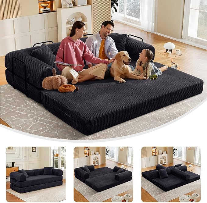 78 Convertible Sleeper Sofa Bed with Cylindrical Pillow Corduroy Folding Mattress Couch with Fixed Frame Floor Sofa Lounge Couch for Living Room Bedroom Apartment Black
