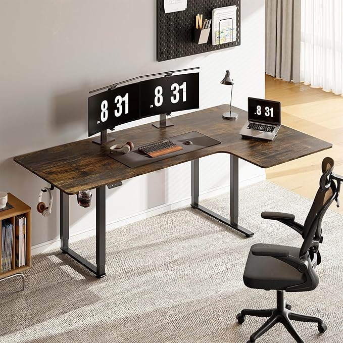 ONBRILL L Shaped Standing Desk 71x43 Inches Electric L Stand Up Desk with 4 Legs Dual Motor and Memory Controller Adjustable Height from 28-46 Inches for Home and Computer Workstation Rustic Brown