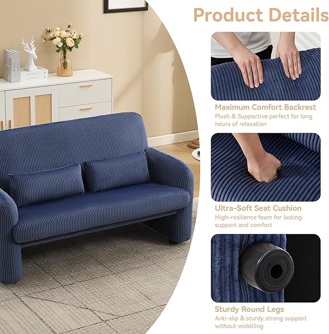 Corduroy Accent Living Room Sets Modern Upholstered Love Seat with 2 Accent Chairs Wide Comfy Leisure Chair Sets for Bedroom Office Blue