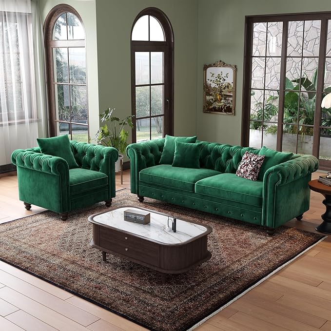 ONBRILL 82 Inch Chesterfield Sofa 23 Inch Deep Seat Velvet Couch for Living Room Button Tufted Couch with Rolled Arms 2 Throw Pillows Comfy Vintage Loveseat Sofa for Apartment Green