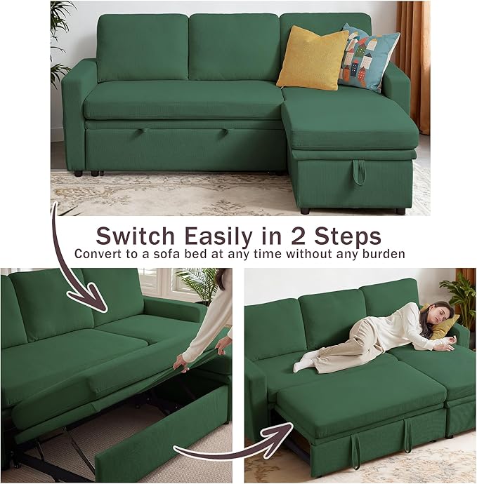 Sectional Sofa Bed Convertible Sleeper Sofa with Storage Chaise L-Shape Modern Polyester 3 in 1 Pull Out Couch Bed for Living Room Green