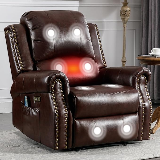 Classic Power Recliner Chair with Massage and Heat Breathable Faux Leather Electric Recliner with USB Port Overstuffed Reclining Sofa with Rivets for Living Room Caramel Brown