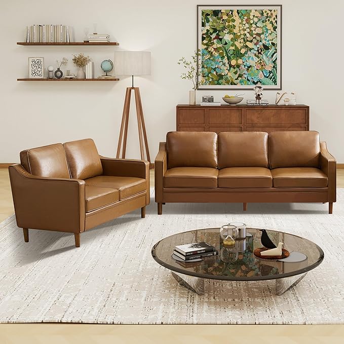 Kingfun Living Room Furniture Sets 3 Seater Couch and Loveseat Mid Century Modern Sofa Set Faux Leather Couch with Solid Wood Frame for Living Room &amp Bedroom Brown