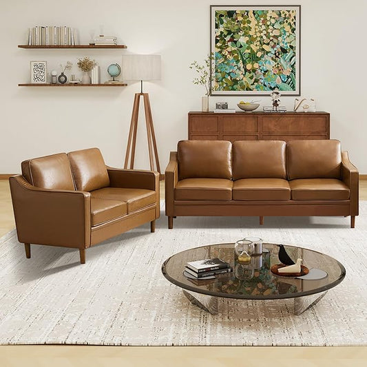 Kingfun Living Room Furniture Sets 3 Seater Couch and Loveseat Mid Century Modern Sofa Set Faux Leather Couch with Solid Wood Frame for Living Room &amp Bedroom Brown