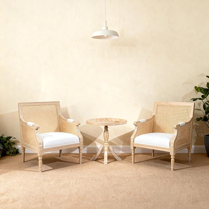 French Accent Chair(Singel) Upholstered Armchair with Vintage Rattan Hollow-Out Back and Solid Rubberwood FrameReading Chair for Living Room Bedroom Farmhouse Balcony Home Office Beige
