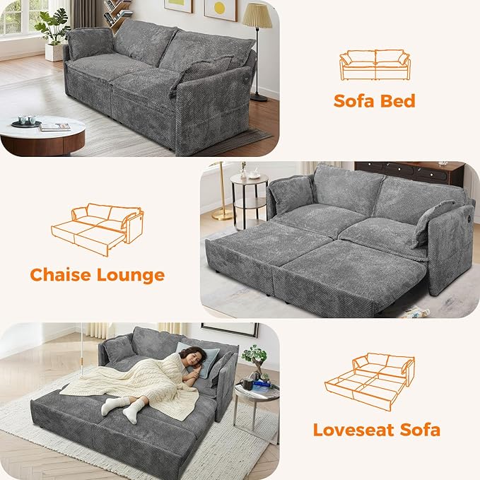 King Size Pull Out Sleeper Sofa Bed Convertible Corduroy Futon Couch with USB Ports &amp Storage Pockets Large Upholstered Loveseat Guest Bed for Living Room Grey