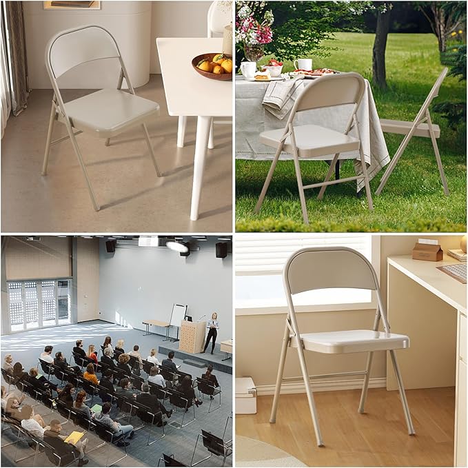 KAIHAOWIN Metal Folding Chair- Set of 4 All Steel Foldable Chairs Space Saving &ampHeavy Duty for Meeting Office Wedding Party Events-Beige