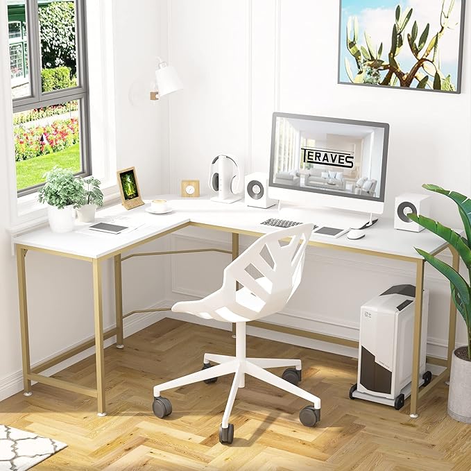 Teraves Reversible L Shaped Desk White - 57.9 Corner Gaming Computer Desk Office Workstation Modern Home Study Writing Wooden Table