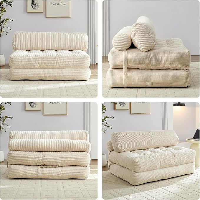 ijuicy 50 W Folding Sofa BedCorduroy Futon Sofa Bed Convertible Sleeper Chair with Pillow Foldable Mattress with Back Support Floor Couch for Adults for Living RoomNo Assembly（Beige/Full）