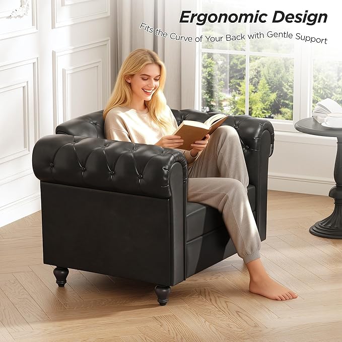 Black Faux Leather Accent Chairs Button-Tufted Upholstered Club Chair Retro Armchairs Mid Century Modern Accent Chair with Solid Wood Legs Cozy Chesterfield Couch Chairs for Living Room Bedroom