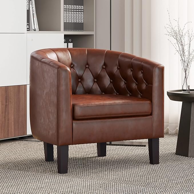 BELLEZE Accent Barrel Arm Chair Modern Comfy Upholstered Tufted Club Chair with Sturdy Legs and Linen Fabric for Bedroom Living Room - Caramel