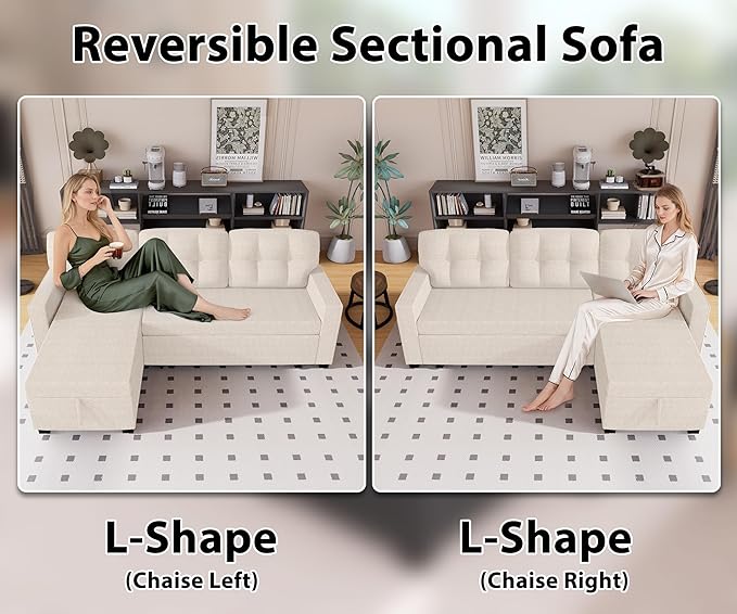 Wakefit Reversible Sectional Sofa Couch Sleeper Sofa Bed with Storage Chaise Pull Out Couch for Living Room | Hidden Stroge | Pull Out Bed | Removable Backrest | Linen Fabric Beige