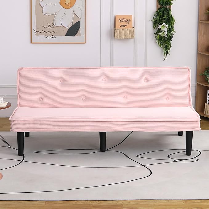 66” Armless Corduroy Sofa Bed 2-in-1 Convertible Sleeper Sofa with Tufted Back Soft Skin-Friendly Fabric Small Futon for Apartments Living Room Bedroom (Pink)
