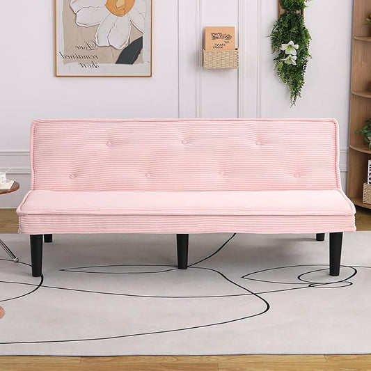 66” Armless Corduroy Sofa Bed 2-in-1 Convertible Sleeper Sofa with Tufted Back Soft Skin-Friendly Fabric Small Futon for Apartments Living Room Bedroom (Pink)