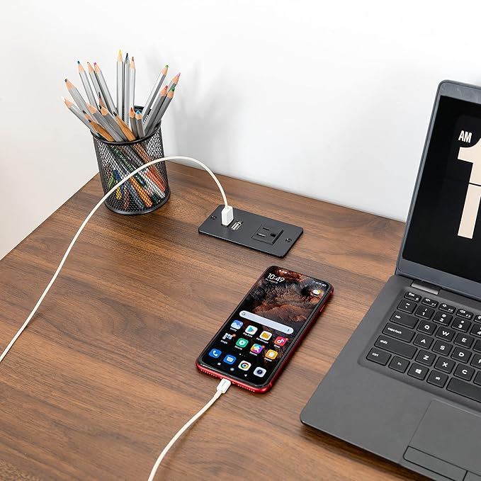 glitzhome 43 W Industrial Home Office Writing Desk with Power Outlet and USB Ports 2-Drawer Computer Laptop Table Walnut