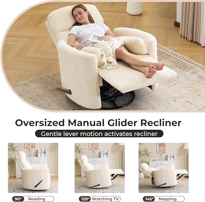 Oversized Swivel Rocker Recliner Chair with Massage and Heat Manual Swivel Glider Rocker Recliner with 2 Pillows Rocking Nursery Chair with Storage Ottoman Adjustable HeadrestCorduroy Beige
