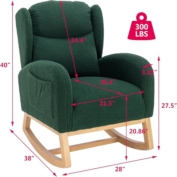 Setawix Teddy Rocking Glider Chair for NurseryUpholstered Living Room Rocker Arm ChairLeisure Sherpa Wingback ArmchairMid Century Modern Rocking Accent Chair with Side Pockets (Wingback Green)