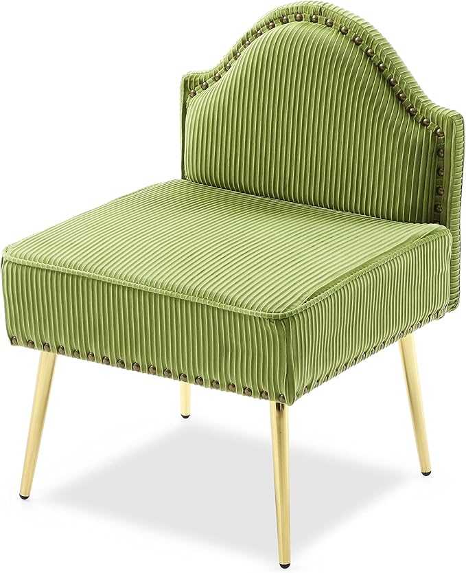 Modern Upholstered Pleated Velvet Accent Chair Tufted Dining Office Chairs Armless Slipper Chair Mid Century Side Chair Single Luxury Sofa Chair with Golden Legs for Living Room Small SpaceGreen