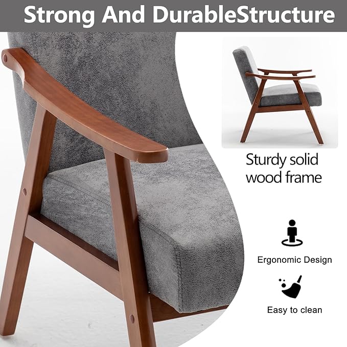 Fefances Mid-Century Modern Accent Chair - Solid Wood Frame Ultra-Thick Backrest Wingback Design Perfect for Bedroom &amp Indoor Lounge AreaGrey