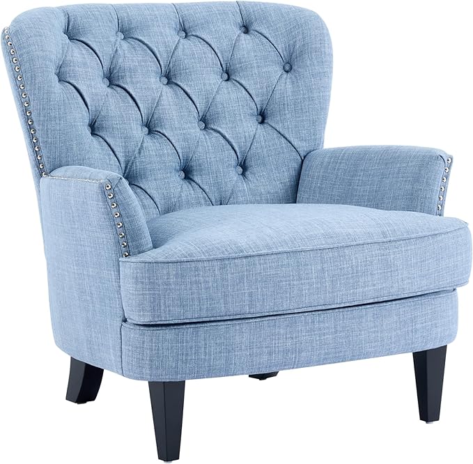Ball &amp Cast Accent ChairMid-Century Lounge Living Room Chairs with Button TuftingUpholstered Reading Accent Chair W/Solid Wood Legs and Curved Backrestfor BedroomApartmentLight Blue