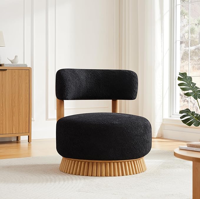 Christopher Knight Home Eloise Modern Accent Chair for Living Room Boucle Upholstered Single Lounge Sofa Chair with Wooden Frame Comfy Reading Chair for Bedroom Black+Natural