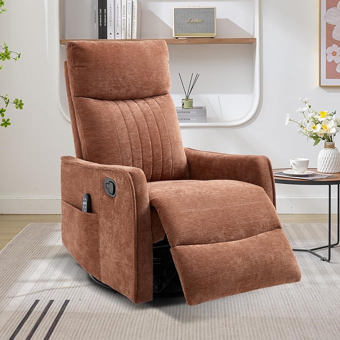 Swivel Rocker Recliner Chair 360° Swivel Recliner with Heat and Massage Rocker Recliner Nursery Glider Chair with Side Pockets for Living Room (Orange Fabric)