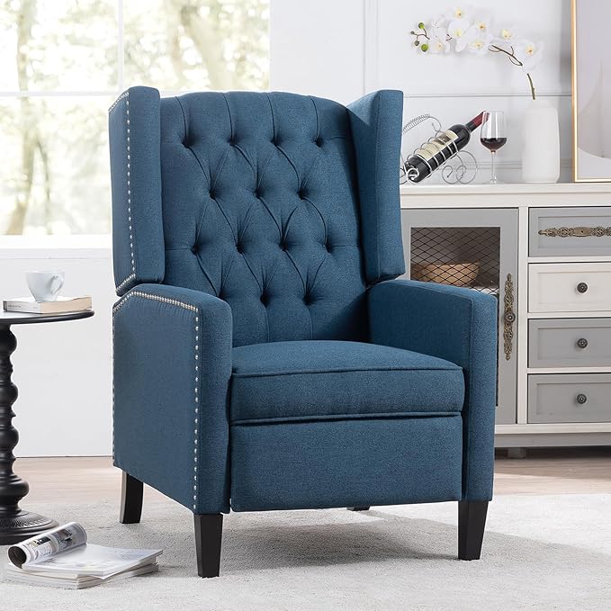 Wing Back Recliner Chair for Living Room Push Back Reclining Chairs Club Accent Chair Lounge Armchair Comfy Fabric Arm Chair with Rivet Decoration Tufted Back Solid Wood Legs Blue