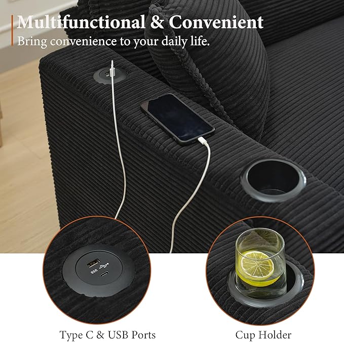 82.7 L Shaped Sectional Sofa with Cup Holders &amp USB Ports Modern Loveseat Cloud Couch with Ottoman for Living Room Apartment Small Spaces Black Corduroy