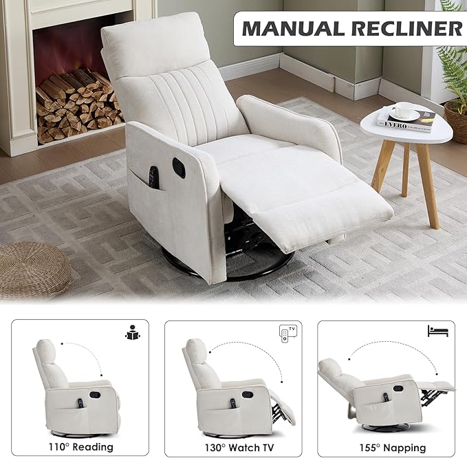 Swivel Rocker Recliner Chair 360° Swivel Recliner with Heat and Massage Rocker Recliner Nursery Glider Chair with Side Pockets for Living Room (Light Beige Fabric)
