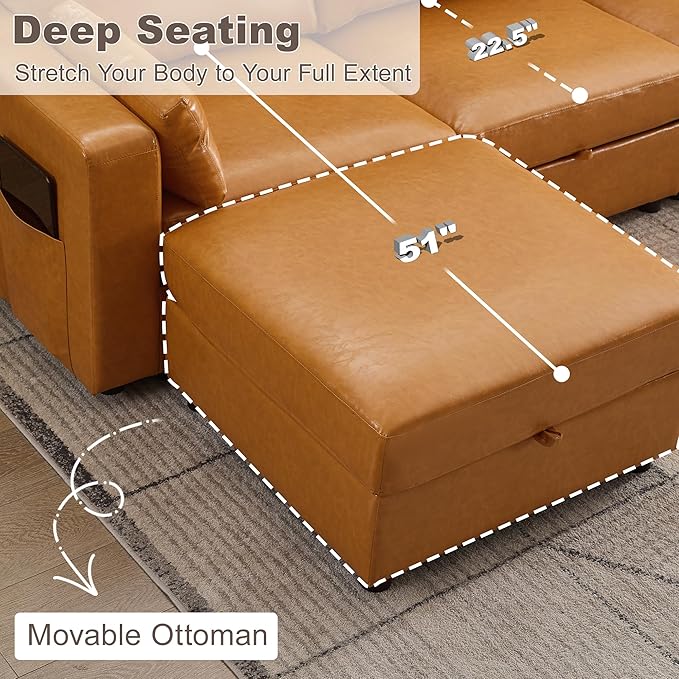 98.2 Modular Sectional Storage Couch Oversized Faux Leather L Shaped Couch Modern Cloud Upholstered Sofa with Headrest &amp Side Pocket Sectional Sofa for Living Room Apartment Small Spaces Brow