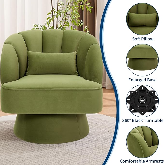 Mid Century Modern Swivel Barrel Chair - 360° Swivel Accent Chair with Plush Velvet Upholstery &amp Wide Cushioned Seat Round Lounge Sofa Chair for Living Room Bedroom Office (Green 2 PCS)