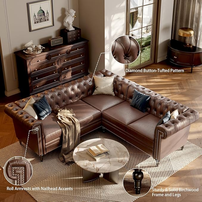 Faux Leather Sectional Sofa Couch for Living Room L Shaped Reversible Modern Chesterfield Sofa with Rolled Arms and Nailhead 5 Seat Tufted Couch for Small or Large Space (Dark Brown)