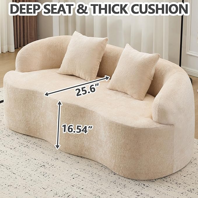 67 Curved Loveseat Sofa with 2 Pillows Boneless Curved Couch with Round Armrest Cloud Sofa for Living Room Bedroom Small Spaces Teddy Modern Compressed No Assembly (Beige Warm)