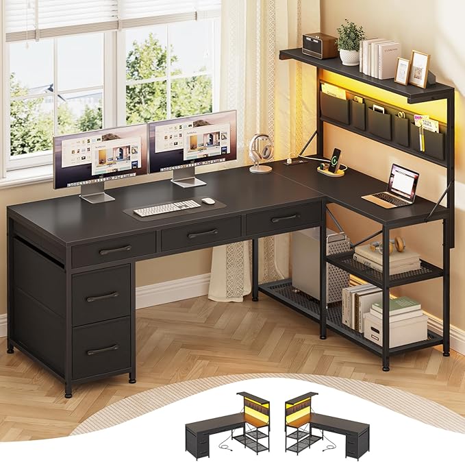 Itaar L Shaped Gaming Desk with 5 Drawers and Storage Shelves Reversible Computer Desk with Bookshelf for Home Office L Shaped Corner Desk with LED Lights Power Outlets and Storage Bag Black