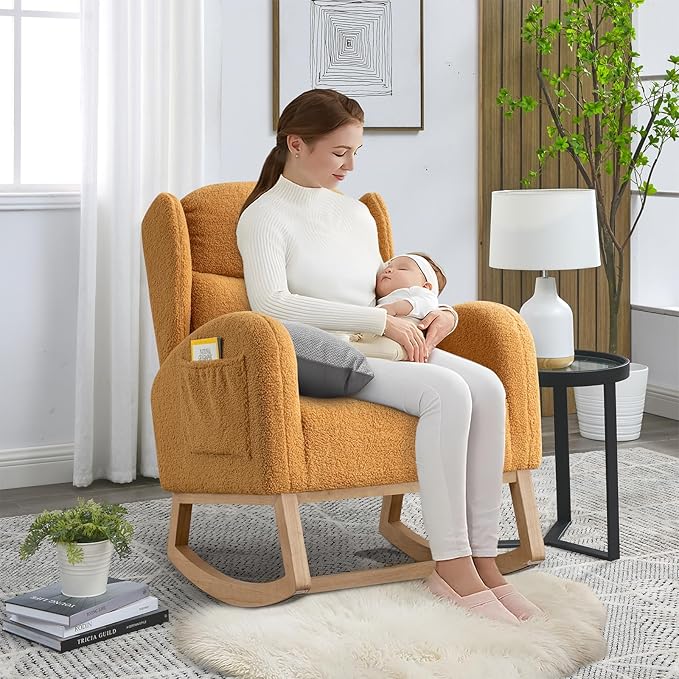 Rocking Glider Chair for Nursery Wingback Teddy Accent Rocker Chair Upholstered Tall Back Arm Chair w/Side Pockets Modern Leisure Single Sofa for Living Room Hotel Bedroom Baby Room Khaki