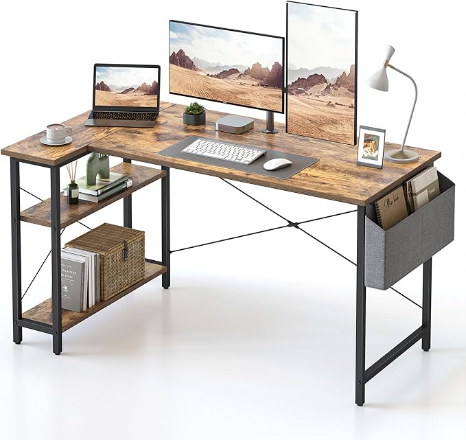 CubiCubi L Shaped Desk 55 Computer Table with Reversible Storage Shelves Home Office Corner Study Writing Gaming Rustic Brown