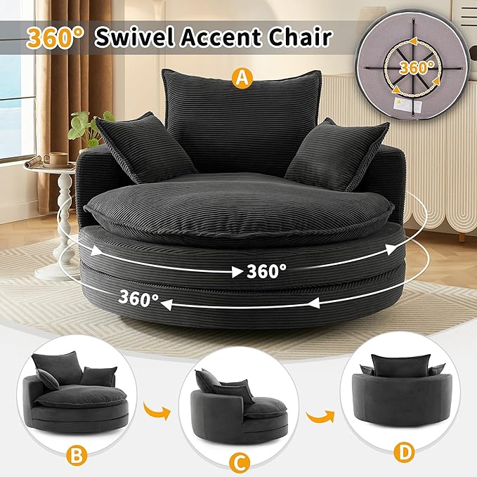 360°Swivel Accent Barrel Chair with Dual Layer Cushion 57.5 Oversized Circle Sofa Chairs with 3 Pillows Modern Round Corduroy Chaise Lounge for Office Bedroom Living Room Black