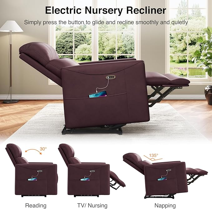Power Recliner Chair Reclining Chair PU Leather Small Recliners for Small Spaces Infinite Position Electric Recliner Chairs for Adults Electric Recliners with USB Port Purple