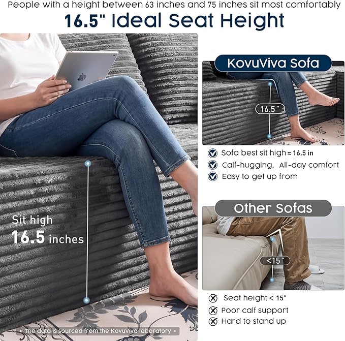 Grey Modular Sectional Couch with 108 L-Shape Chaise Deep Seat Corduroy Sofa Plush Fabric Cloud-Like Couches for Living Room No Assembly Modern Minimalist Furniture (Left Facing Chaise)