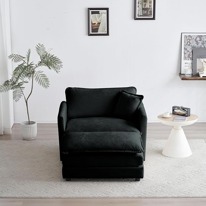 Black Chenille Accent Chair with Ottoman Comfy Armchair Reading Chair for Living Room Bedroom Modern Home Office Seating