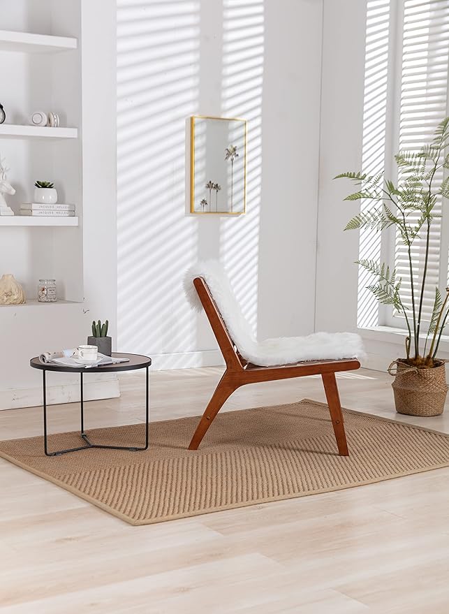 Solid Wood Frame Chair with White Faux Wool. Modern Accent Chair Lounge Chair for Living Room