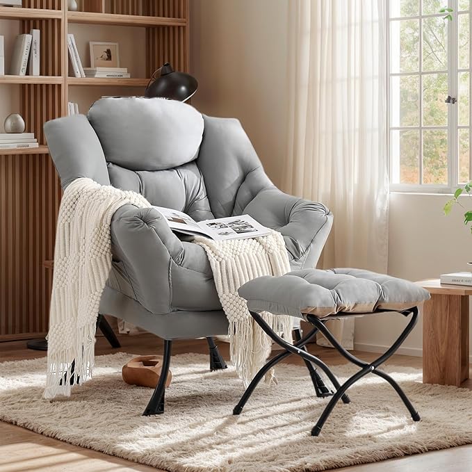 Lazy Chair with Ottoman Large Light Grey Accent Chair with Ottoman Comfy Reading Armchair Leisure Sofa Chair for Living Room Bedroom Dorm Room Office