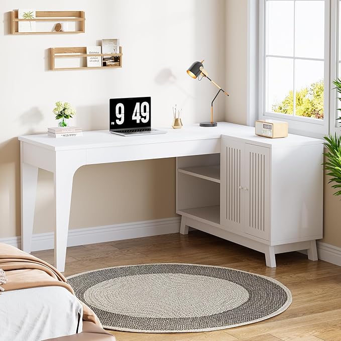 Tribesigns L-Shaped Desk with Storage Cabinet 57-Inch Wood Corner Workstation Home Office Computer Desk Study Writing Table (White)