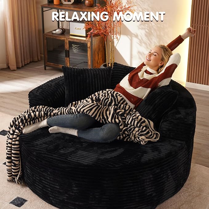 ovios 58 Oversized Round Chair Lounge Chaise Indoor No Assembly Required Cloud Large Circle Chair with Plush Fuax Fur Fluffy Modern Sleeper Sofa Bed for Reading Yoga Black (Plush Corduroy Fabric)