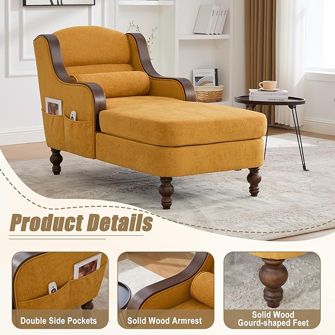 Upholstered Oversized Chaise Lounge Chair Solid Wood Frame Comfy Arm Chair with Thick Double-Layer Cushion Curved Armrests Modern Overstuffed Sleeper Recliner for Bedroom Living Room (Yellow)