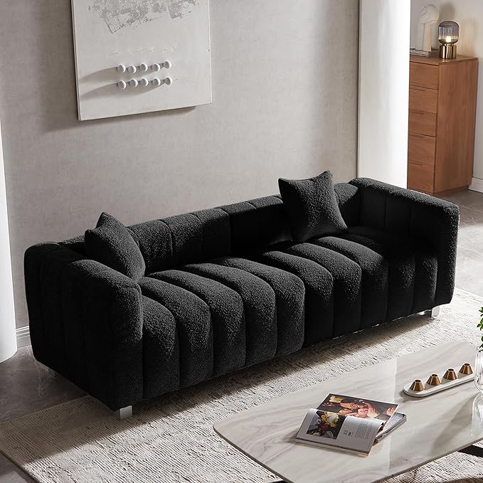 87.4'' Modern Bubble Couch with 2 Pillows Premium Boucle Sofa 3 Seater Couch Fluffy Loveseat Marshmallow Sofa with Density Foam Cushions for Living Room/BedroomHome/Office (Black 3 seater)