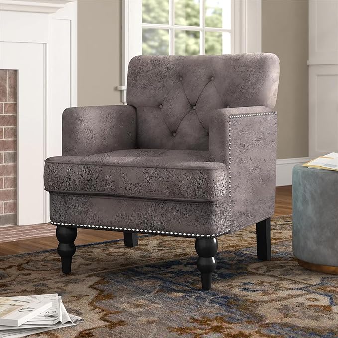Accent ChairTufted High Back Single Sofa Chair With Naihead DesignUpholstered Chair with Arms And Cushion PaddedLiving Room Chair with Turned Legs for BedroomHome Office (Microfiber Grey+Brown)