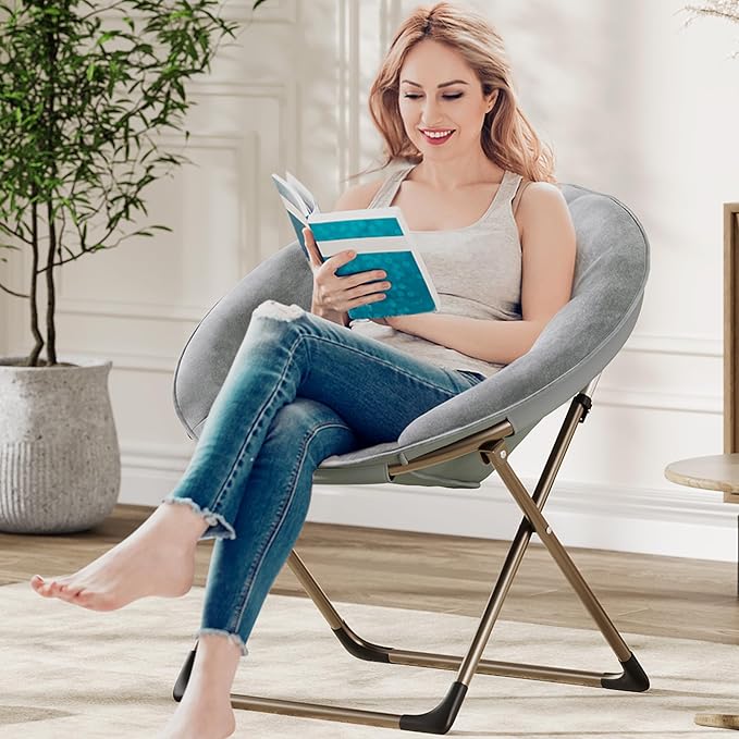 GAOMON Saucer Chair Comfy Chair Faux Fur Lounge Moon Chair with Folding Metal Frame Oversized Plush Flower Accent Seat for Adults Teens &amp Kids for Teens Bedroom Dorm or Living Room Grey