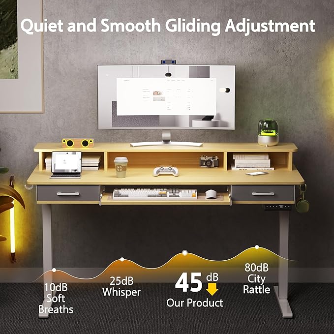 63 Inches Electric Standing Desk with Keyboard Tray Height Adjustable Sit to Stand Table with 2 Drawers Ergonomic Home Office Desk with Storage Shelf Computer Table Oak