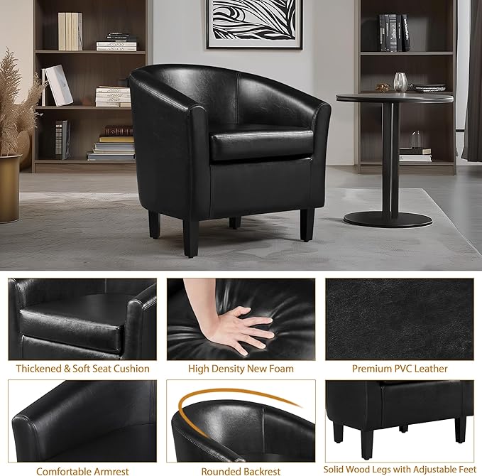 Yaheetech Barrel Chairs Set of 2 Faux Leather Club Armchairs PU Leather Accent Chairs with Soft Padded Seat for Living Room Bedroom Waiting Reading Room Black